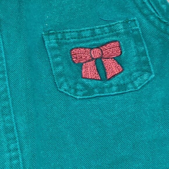 In Design 6 Girls Green Cotton Denim Jumper Dress Scotty Dog Bow Pockets Vintage - Picture 3 of 9